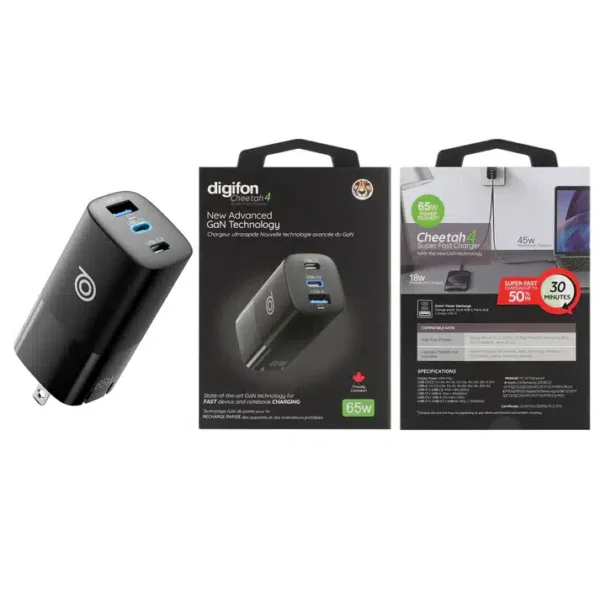 Cheetah4 65W Dual USB-C & Single USB-A Port Super-fast GaN Charger + Type-C to Type-C 1m Cable - digifon
